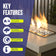 Load image into Gallery viewer, Key features infographic for American Fire Products fire glass highlighting indoor and outdoor use, extreme heat resistance, clean-burning performance with no chemicals, ash, smoke, or soot, and low-maintenance operation.