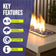 Load image into Gallery viewer, Key features infographic for American Fire Products fire glass highlighting indoor and outdoor use, extreme heat resistance, clean-burning performance with no chemicals, ash, smoke, or soot, and low-maintenance operation.