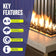 Load image into Gallery viewer, Key features infographic for American Fire Products fire glass highlighting indoor and outdoor use, extreme heat resistance, clean-burning performance with no chemicals, ash, smoke, or soot, and low-maintenance operation.