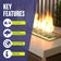 Load image into Gallery viewer, Key features infographic for American Fire Products fire glass highlighting indoor and outdoor use, extreme heat resistance, clean-burning performance with no chemicals, ash, smoke, or soot, and low-maintenance operation.