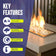 Load image into Gallery viewer, Key features infographic for American Fire Products fire glass highlighting indoor and outdoor use, extreme heat resistance, clean-burning performance with no chemicals, ash, smoke, or soot, and low-maintenance operation.