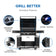 Load image into Gallery viewer, Napoleon Rogue 525 Black Gas Grill with Stainless Steel Grids and 4 Burners with labeled features including ergonomic control knobs, jetfire ignition, locking caster wheels, and folding side shelves on a white background.