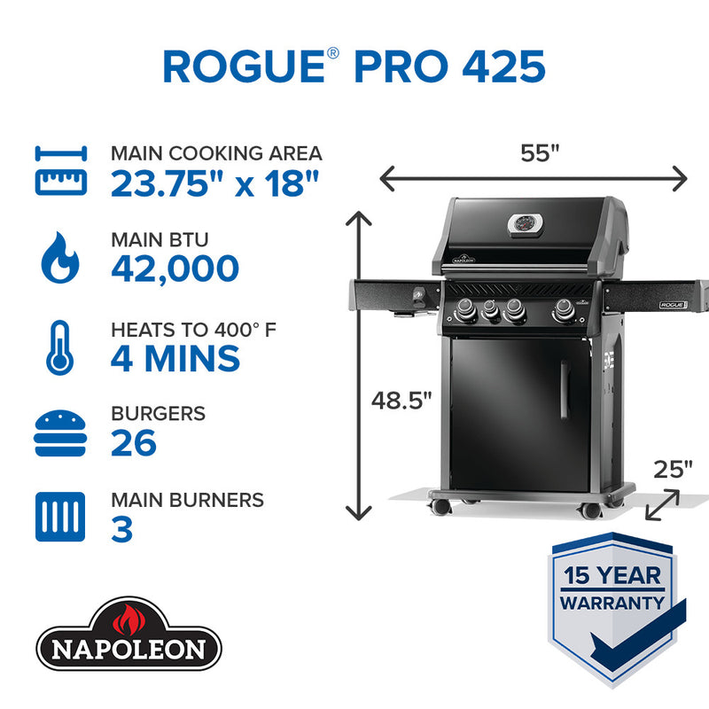 Load image into Gallery viewer, Napoleon Rogue PRO 425 SIB Black 4-Burner Gas Grill with Infrared Side Burner with specifications and dimensions on a white background