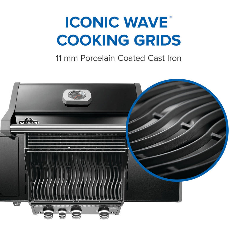 Load image into Gallery viewer, Napoleon Rogue PRO 425 SIB Black 4-Burner Gas Grill with Infrared Side Burner with iconic wave cooking grids and close-up detail on a white background