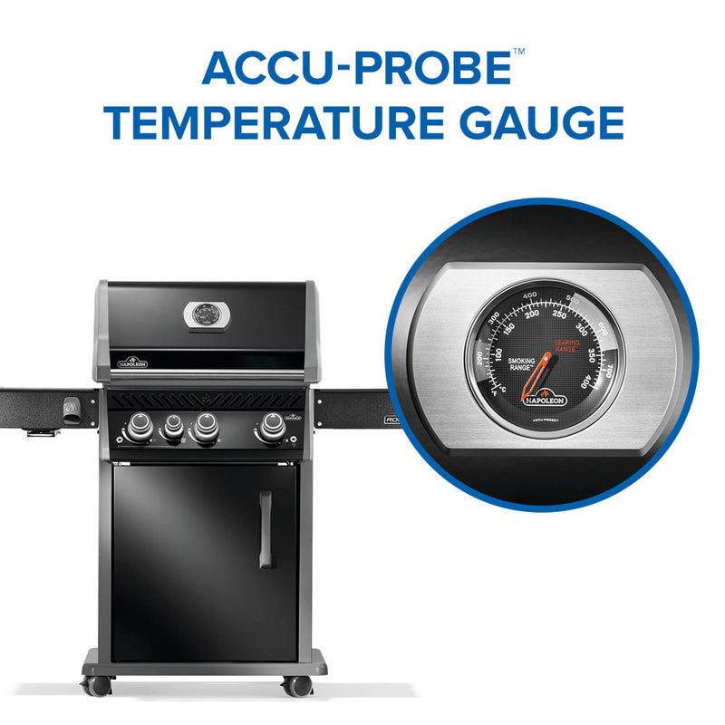 Load image into Gallery viewer, Napoleon Rogue PRO 425 SIB Black 4-Burner Gas Grill with Infrared Side Burner with Accu-Probe temperature gauge on a white background