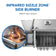 Load image into Gallery viewer, Napoleon Rogue® PRO 425 Stainless Steel Gas Grill with Infrared Side Burner and 4 Burners with infrared sizzle zone side burner and close-up of flames cooking food.
