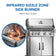 Load image into Gallery viewer, Napoleon Rogue PRO 525 Stainless Steel Gas Grill with Infrared Side Burner and 5 Burners with infrared sizzle zone side burner feature, showing flames and searing meat.