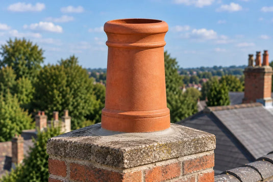 Terracotta clay chimney pot installed on a masonry chimney