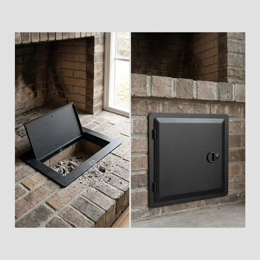 Comparison of a fireplace clean out door and an ash dump door shown in two separate fireplace scenes