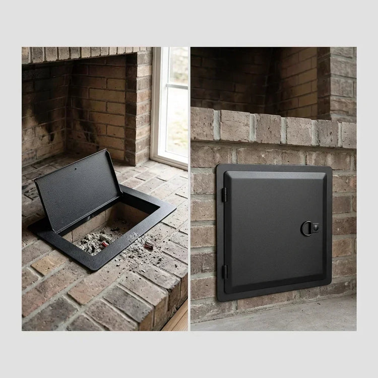 Comparison of a fireplace clean out door and an ash dump door shown in two separate fireplace scenes