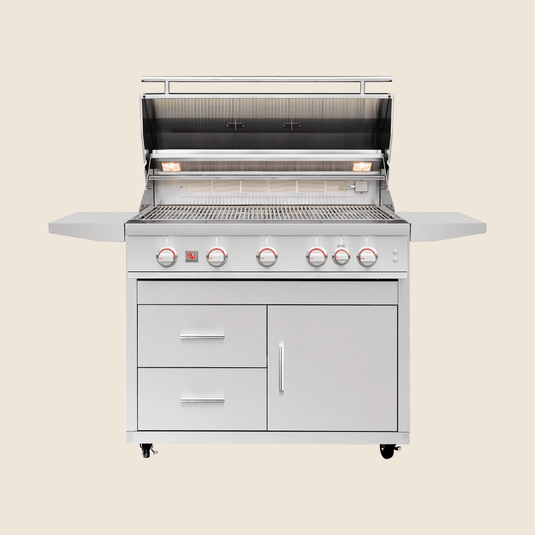 Summerset Deluxe Cart for 40″ Sizzler and Sizzler Pro Grills, featuring stainless steel construction, storage drawers, propane tank access, and locking caster wheels