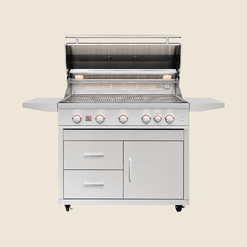 Load image into Gallery viewer, Summerset Deluxe Cart for 40″ Sizzler and Sizzler Pro Grills, featuring stainless steel construction, storage drawers, propane tank access, and locking caster wheels
