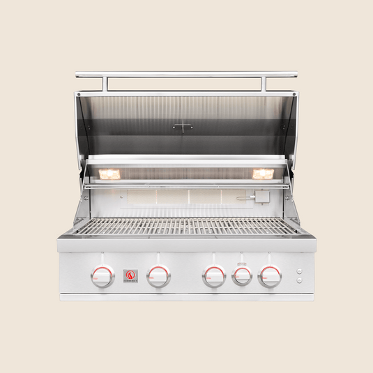 Summerset Sizzler Pro 32″ Built-In Grill – Front View with LED Lights, Stainless Steel Grates, and Rotisserie Back Burner