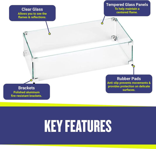 Rectangular Glass Flame Guard for 30" x 10" Drop-In Fire Pit Pan