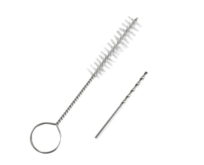 A maintenance kit consisting of a metal burner brush with nylon bristles and a metal drill bit.