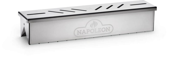 Napoleon Stainless Steel Smoker Box designed for use with Napoleon gas barbecue grills, featuring the brand's logo on the side.
