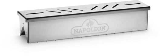 Napoleon Stainless Steel Smoker Box designed for use with Napoleon gas barbecue grills, featuring the brand's logo on the side.