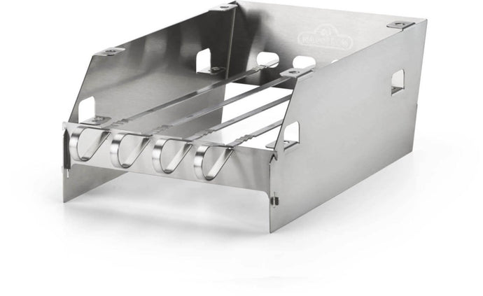 A stainless steel Napoleon side burner windshield with skewer rack designed for infrared grills.