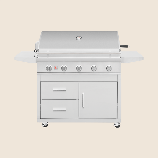 Summerset Deluxe Cart for 40″ Sizzler and Sizzler Pro Grills, featuring stainless steel construction, storage drawers, propane tank access, and locking caster wheels