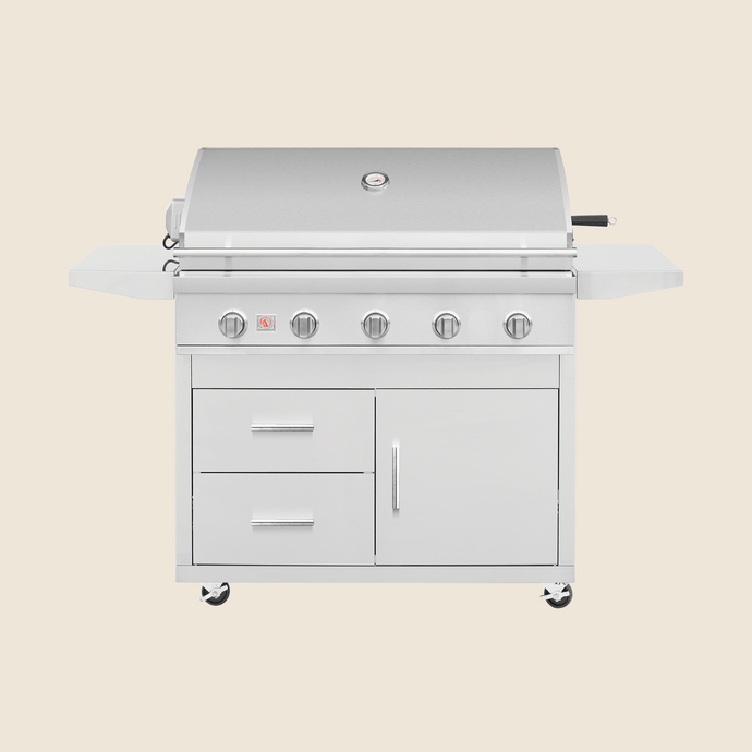 Summerset Deluxe Cart for 40″ Sizzler and Sizzler Pro Grills, featuring stainless steel construction, storage drawers, propane tank access, and locking caster wheels