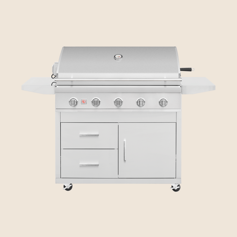 Load image into Gallery viewer, Summerset Deluxe Cart for 40″ Sizzler and Sizzler Pro Grills, featuring stainless steel construction, storage drawers, propane tank access, and locking caster wheels
