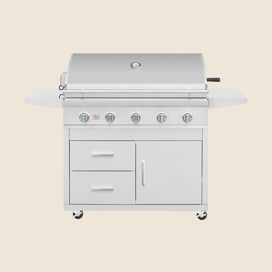 Summerset Deluxe Cart for 40″ Sizzler and Sizzler Pro Grills, featuring stainless steel construction, storage drawers, propane tank access, and locking caster wheels