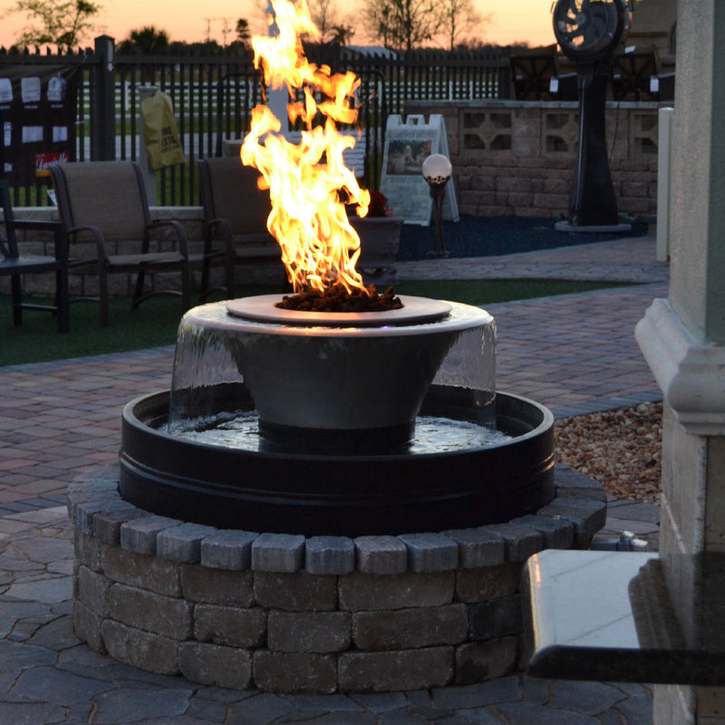 Load image into Gallery viewer, OUTDOOR PLUS SELF-CONTAINED FIRE &amp; WATER FOUNTAINS 60″ OLYMPIAN WITH CAZO – 360° SPILL GFRC Concrete
