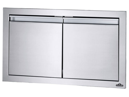 Napoleon 30-Inch Stainless Steel Small Double Doors for outdoor kitchens with soft-closing hardware, anodized aluminum handles, and seamless trim.