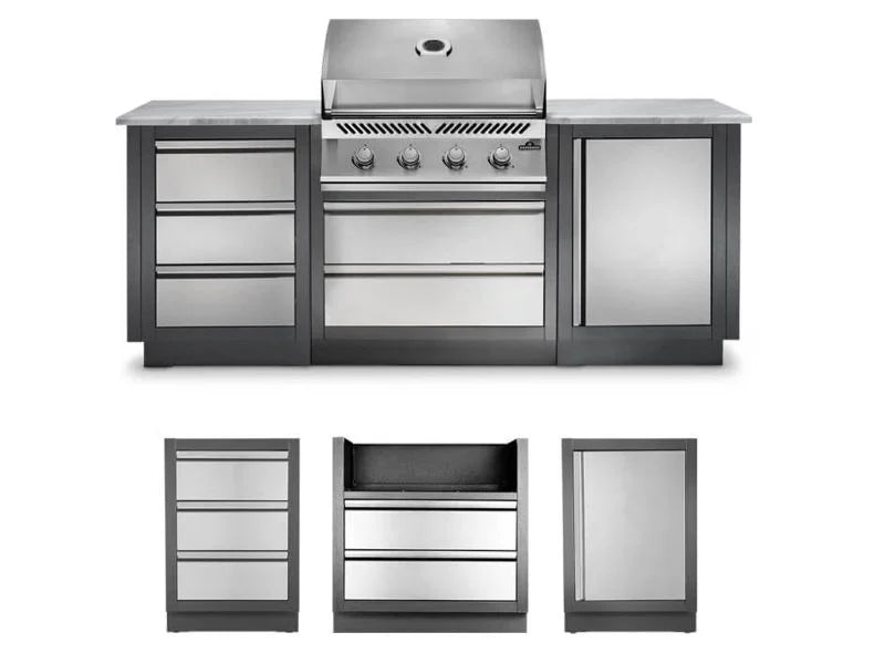 Load image into Gallery viewer, Napoleon OASIS 100 Modular Outdoor Kitchen with 500 Series 32-Inch 4-Burner Gas Grill, stainless steel construction, custom countertop, and rollout propane tank storage.
