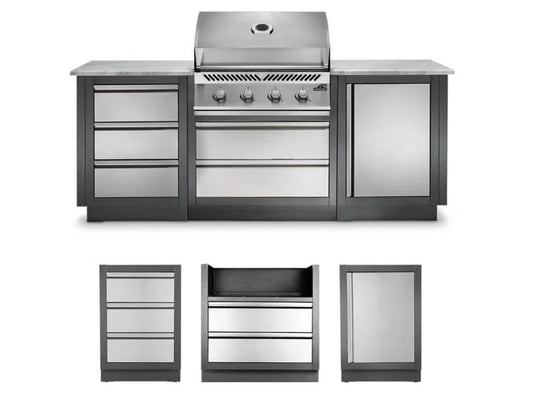 Napoleon OASIS 100 Modular Outdoor Kitchen with 500 Series 32-Inch 4-Burner Gas Grill, stainless steel construction, custom countertop, and rollout propane tank storage.