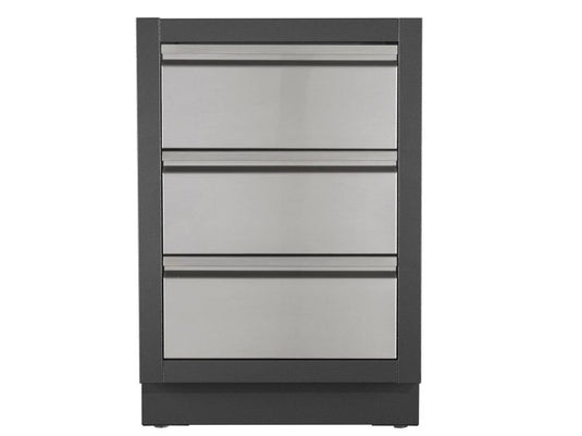 Napoleon OASIS 100 Modular Outdoor Kitchen with 500 Series 32-Inch 4-Burner Gas Grill, stainless steel construction, custom countertop, and rollout propane tank storage.
