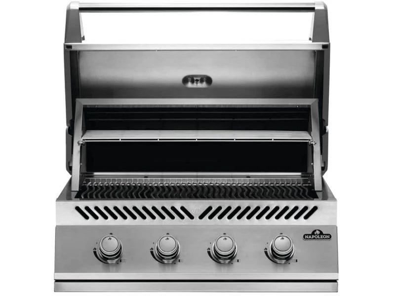Load image into Gallery viewer, Napoleon OASIS 100 Modular Outdoor Kitchen with 500 Series 32-Inch 4-Burner Gas Grill, stainless steel construction, custom countertop, and rollout propane tank storage.
