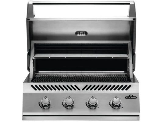 Napoleon OASIS 100 Modular Outdoor Kitchen with 500 Series 32-Inch 4-Burner Gas Grill, stainless steel construction, custom countertop, and rollout propane tank storage.