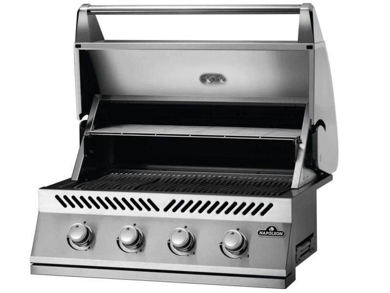Load image into Gallery viewer, Napoleon OASIS 100 Modular Outdoor Kitchen with 500 Series 32-Inch 4-Burner Gas Grill, stainless steel construction, custom countertop, and rollout propane tank storage.
