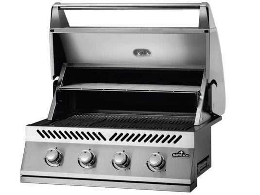 Napoleon OASIS 100 Modular Outdoor Kitchen with 500 Series 32-Inch 4-Burner Gas Grill, stainless steel construction, custom countertop, and rollout propane tank storage.