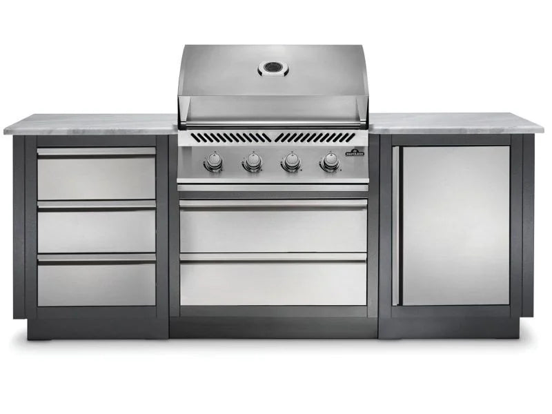 Load image into Gallery viewer, Napoleon OASIS 100 Modular Outdoor Kitchen with 500 Series 32-Inch 4-Burner Gas Grill, stainless steel construction, custom countertop, and rollout propane tank storage.
