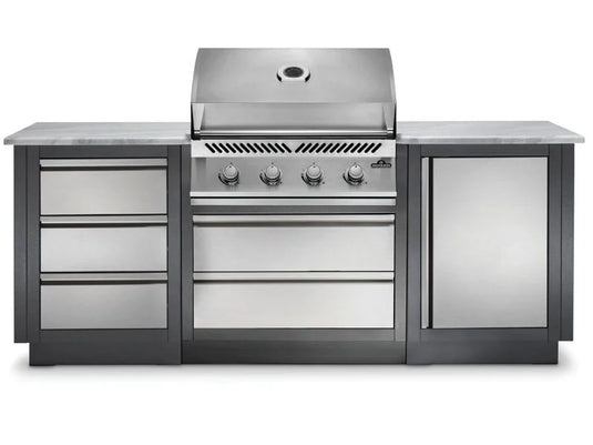 Napoleon OASIS 100 Modular Outdoor Kitchen with 500 Series 32-Inch 4-Burner Gas Grill, stainless steel construction, custom countertop, and rollout propane tank storage.