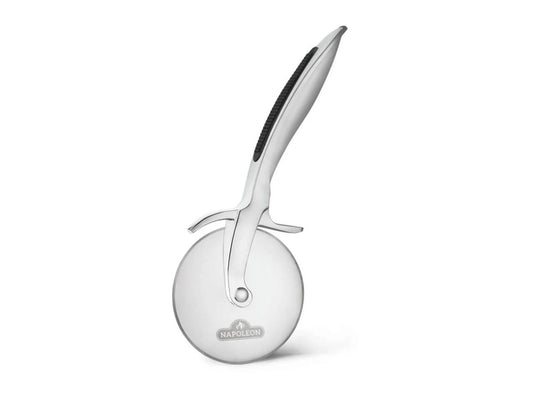 Napoleon Pro Pizza Cutter with sharp stainless steel blade and ergonomic handle for precise, comfortable pizza slicing. Includes blade guard for safe storage and is dishwasher safe.