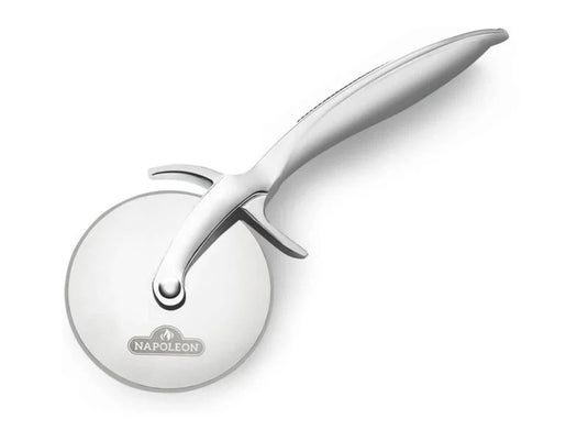 Napoleon Pro Pizza Cutter with sharp stainless steel blade and ergonomic handle for precise, comfortable pizza slicing. Includes blade guard for safe storage and is dishwasher safe.