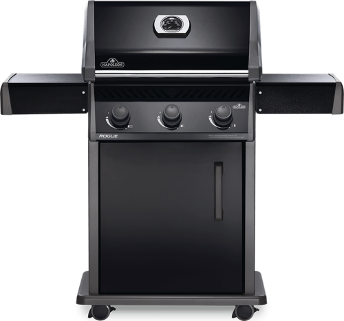 Napoleon Rogue 425 Propane Gas Grill with WAVE™ cooking grids, folding side shelves, and Jetfire ignition system, in sleek black finish.