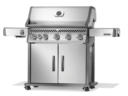 Napoleon Rogue PRO 625 5-Burner Gas Grill with Infrared Side Burner, stainless steel finish, backlit knobs, and integrated sear station for perfect grilling.