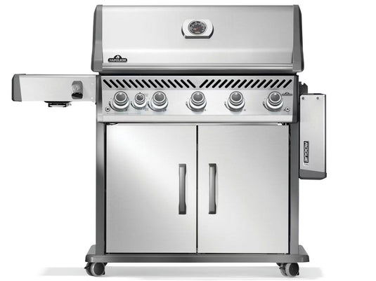 Napoleon Rogue PRO 625 5-Burner Gas Grill with Infrared Side Burner, stainless steel finish, backlit knobs, and integrated sear station for perfect grilling.
