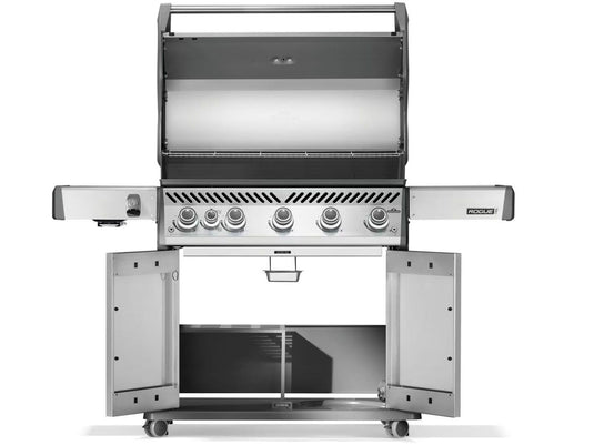 Napoleon Rogue PRO 625 5-Burner Gas Grill with Infrared Side Burner, stainless steel finish, backlit knobs, and integrated sear station for perfect grilling.