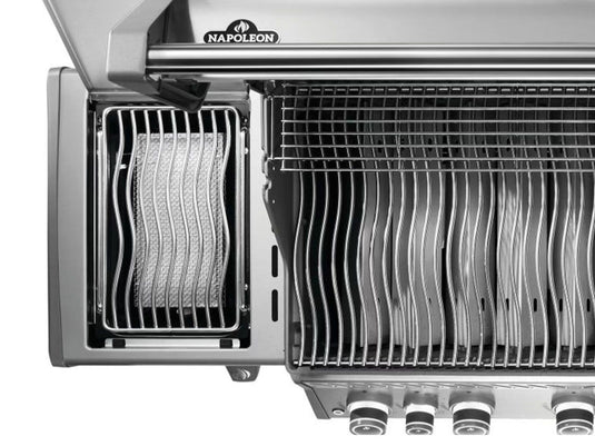 Napoleon Rogue PRO 625 5-Burner Gas Grill with Infrared Side Burner, stainless steel finish, backlit knobs, and integrated sear station for perfect grilling.