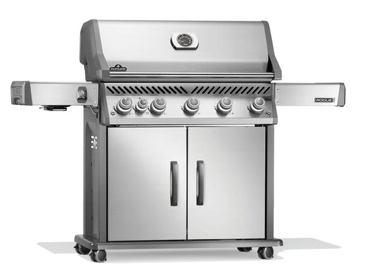 Napoleon Rogue PRO 625 5-Burner Gas Grill with Infrared Side Burner, stainless steel finish, backlit knobs, and integrated sear station for perfect grilling.
