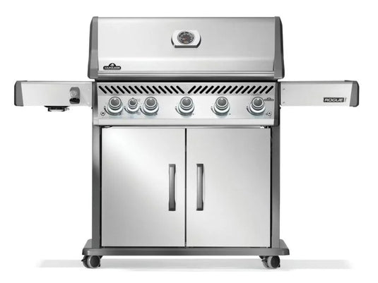 Napoleon Rogue PRO 625 5-Burner Gas Grill with Infrared Side Burner, stainless steel finish, backlit knobs, and integrated sear station for perfect grilling.