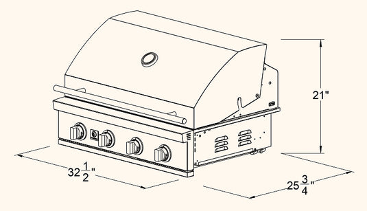 Dimensions diagram of the Summerset Sizzler 32″ Built-in Grill with labeled width, height, and depth measurements