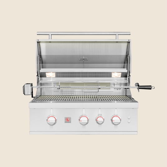Summerset TRL 32 Pro stainless steel grill with 20,000 BTU burners, infrared back burner, rotisserie, LED and halogen lights.