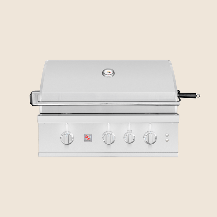 Summerset TRL 32 Pro stainless steel grill with 20,000 BTU burners, infrared back burner, rotisserie, LED and halogen lights.