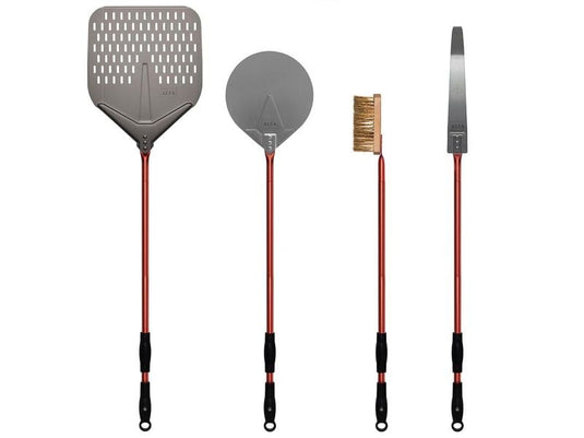 Alfa 36 inch 4 piece pizza peel set red with peel turner brush and ember rake for wood fired oven